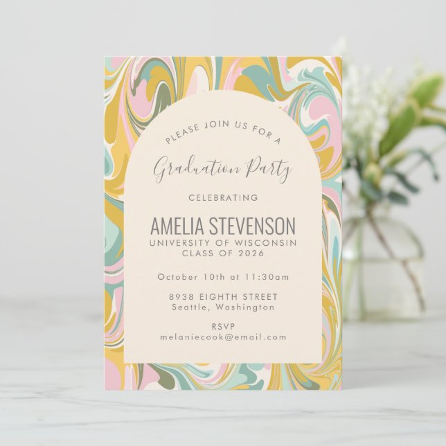 Invitación Partido de Graduación de Foto de Mármol Pastel Res (Anverso de pie)