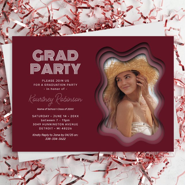 Invitación Partido de Graduación de Foto de Ola Retro Borgoña (Subido por el creador)