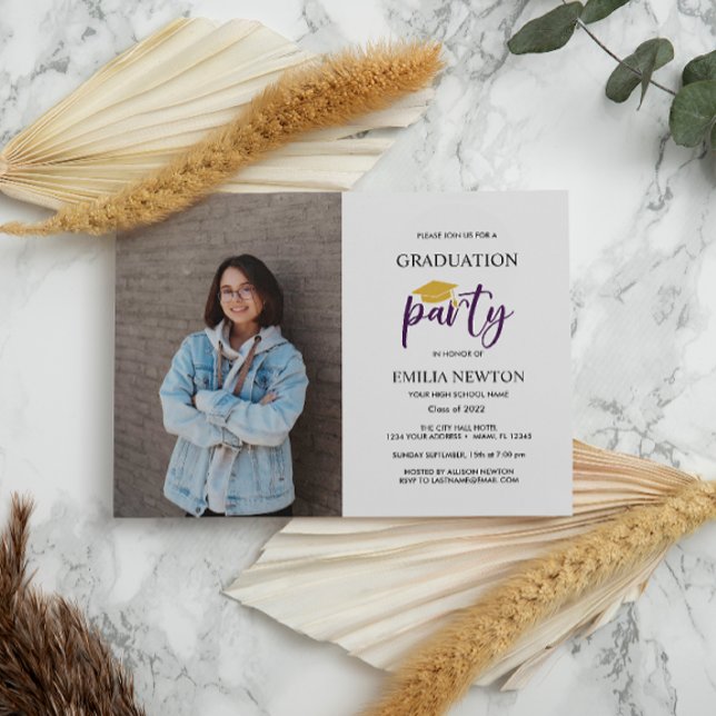 Invitación Partido de Graduación de Foto de Oro Blanco Morado (Subido por el creador)