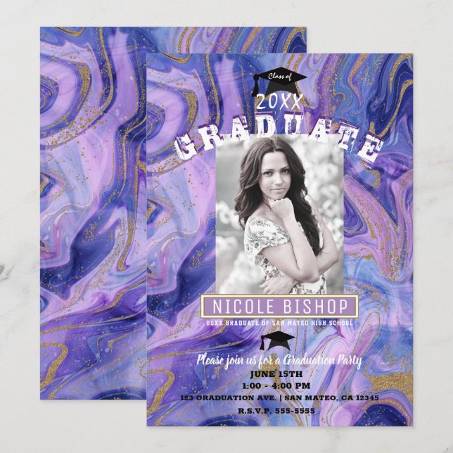 Invitación Partido de Graduación de Foto de Purple Gold Marbl (Anverso / Reverso)