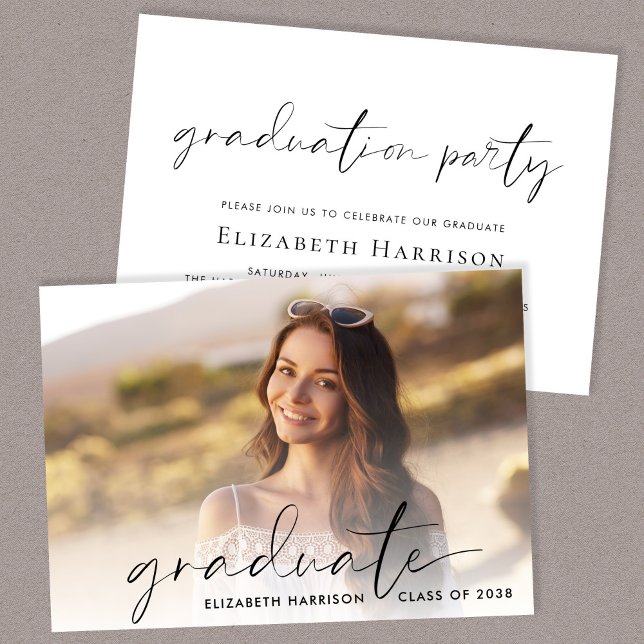 Invitación Partido de Graduación de Foto de Script de moda (A personalized photo graduation party invitation to celebrate the graduate's achievements)