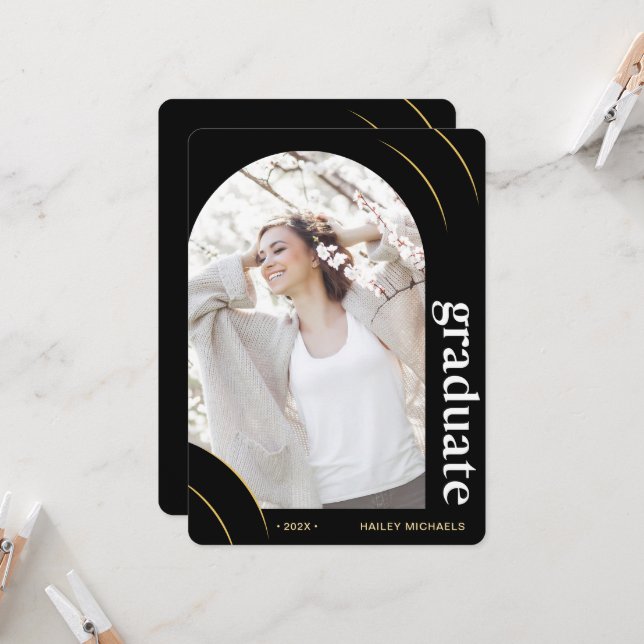 Invitación Partido de Graduación de Foto del Arco Negro y Oro (Anverso/Reverso In Situ)