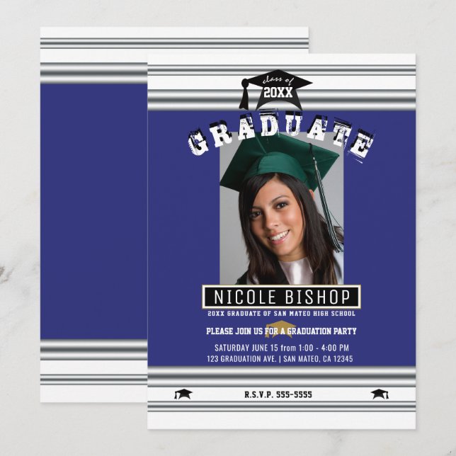 Invitación Partido de Graduación de Foto Elegante de Plata Az (Anverso / Reverso)