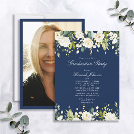 Invitación Partido de Graduación de Foto Floral Azul Blanca