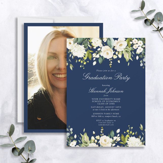 Invitación Partido de Graduación de Foto Floral Azul Blanca (Subido por el creador)