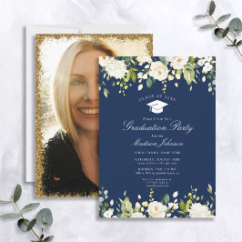 Invitación Partido de Graduación de Foto Floral Azul Blanca