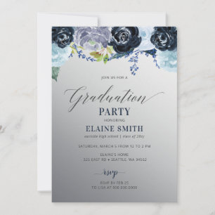 Invitación Partido de Graduación de Foto Floral Azul Plata