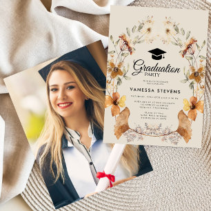 Invitación Partido de Graduación de Foto Floral Boho Terracot