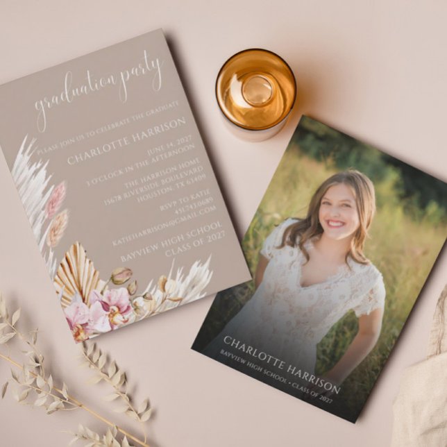 Invitación Partido de Graduación de Foto Floral de Moda Boho  (Subido por el creador)