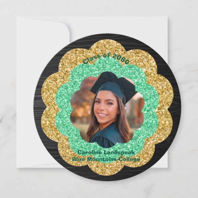 Invitación Partido de Graduación de Foto Floral de Oro Verde  (Anverso)