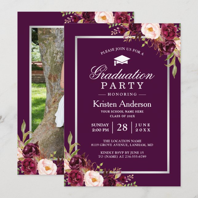 Invitación Partido de Graduación de Foto Floral de Pluma Púrp