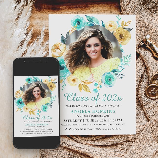 Invitación Partido de Graduación de Foto Floral Minty Cyan Go (Subido por el creador)
