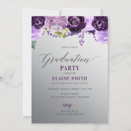 Invitación Partido de Graduación de Foto Floral Púrpura Plata