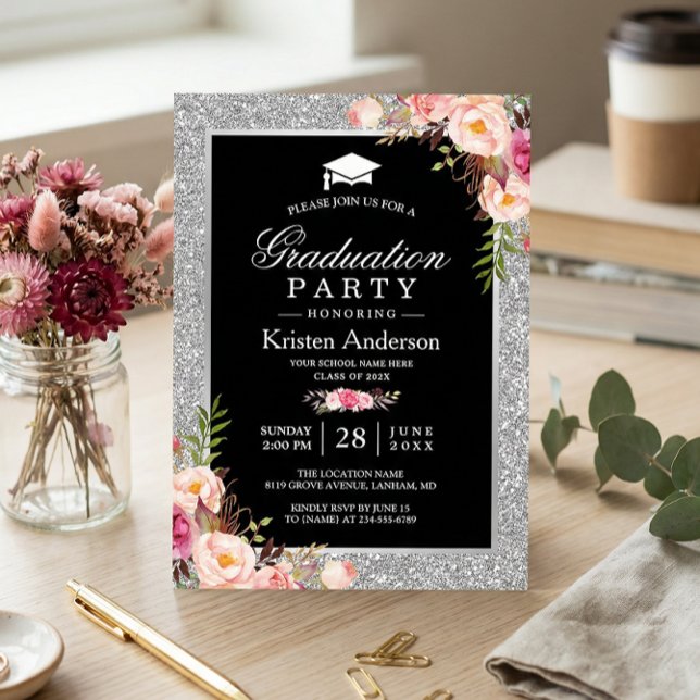 Invitación Partido de Graduación de Foto Floral, Purpurina de (Subido por el creador)