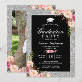 Invitación Partido de Graduación de Foto Floral, Purpurina de