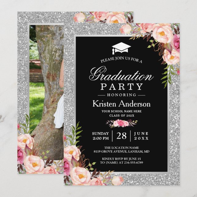 Invitación Partido de Graduación de Foto Floral, Purpurina de (Anverso / Reverso)
