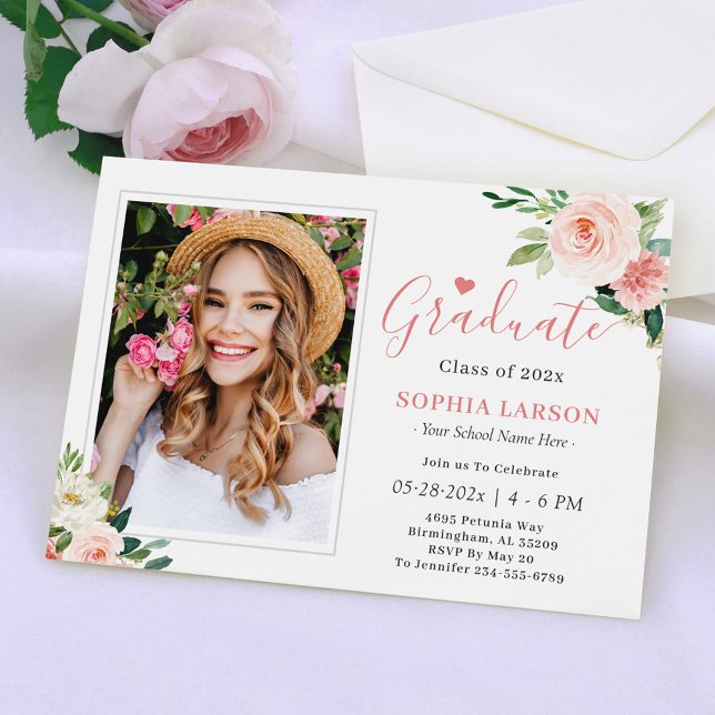 Invitación Partido de Graduación de Foto Floral Rosa Rubor Ke (Subido por el creador)