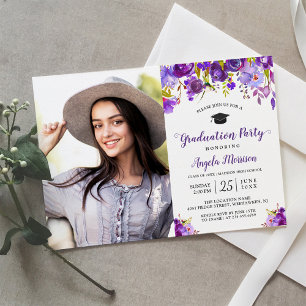 Invitación Partido de Graduación de Foto Floral Violeta de 20