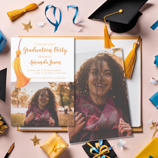 Invitación Partido de Graduación de Foto Grad Two Gold Tassel (Gold Tassel 2025 Grad Two Photo Graduation Party Invitation)