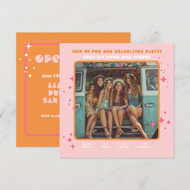 Invitación Partido de Graduación de Foto Hippie Conjunto 4 pe (Anverso / Reverso)
