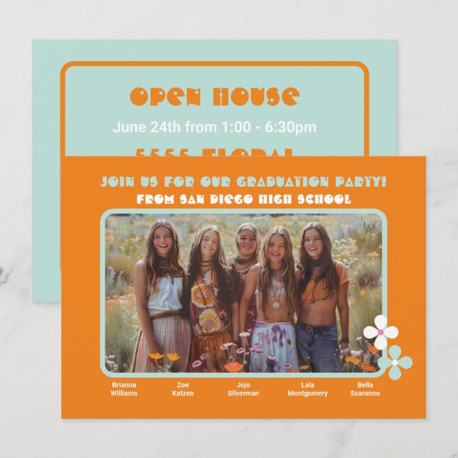 Invitación Partido de Graduación de Foto Hippie Conjunto 5 pe (Anverso / Reverso)