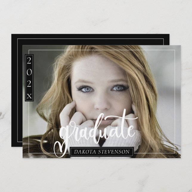 Invitación Partido de Graduación de Foto Mínima en Blanco y N (Anverso / Reverso)