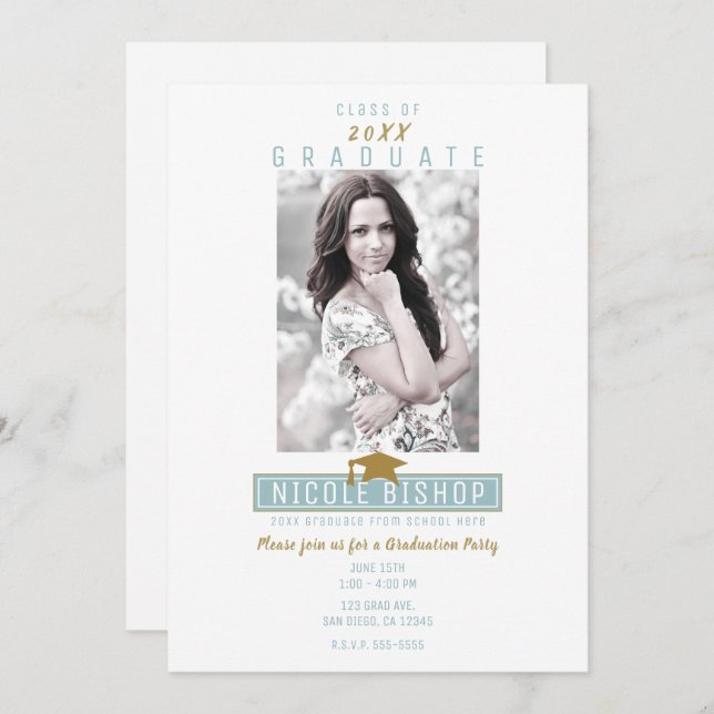 Invitación Partido de Graduación de Foto Moderna del Oro Azul (Anverso / Reverso)