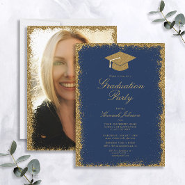 Invitación Partido de Graduación de Foto Purpurina Azul y Oro