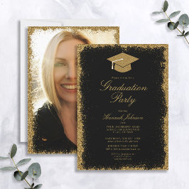 Invitación Partido de Graduación de Foto Purpurina Negro y Or