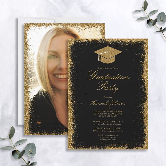Invitación Partido de Graduación de Foto Purpurina Negro y Or (Subido por el creador)