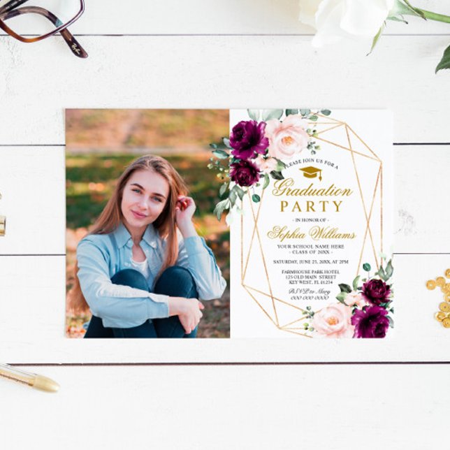 Invitación Partido de Graduación de Foto Rosa Púrpura y Rubor (Subido por el creador)