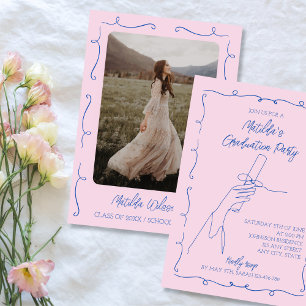 Invitación Partido de Graduación de Foto Rosa y Azul dibujado