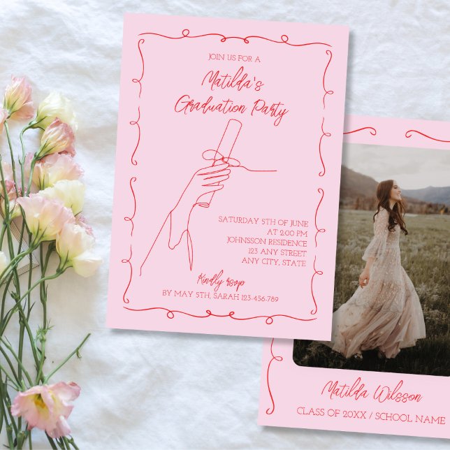Invitación Partido de Graduación de Foto Rosa y Roja Dibujada (Hand Drawn Pink & Red Photo Graduation Party Invitation 2024)
