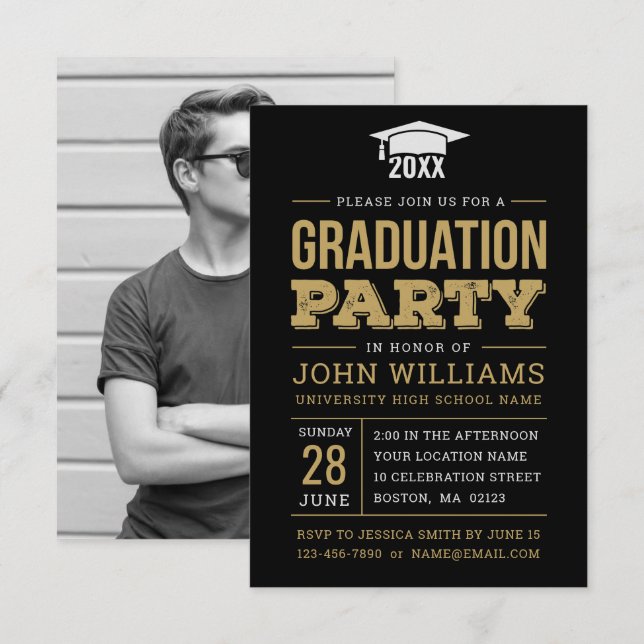 Invitación Partido de Graduación de Foto Rustic Black Gold (Anverso / Reverso)