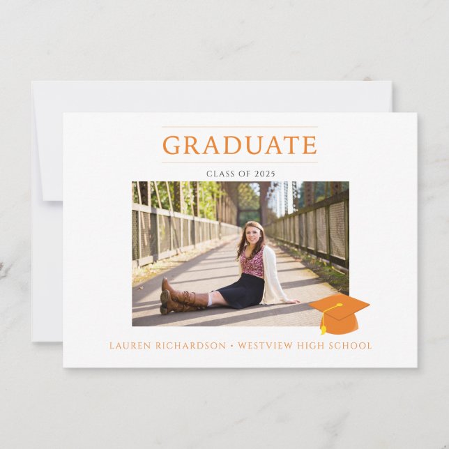 Invitación Partido de Graduación de Foto Simple y naranja (Anverso)