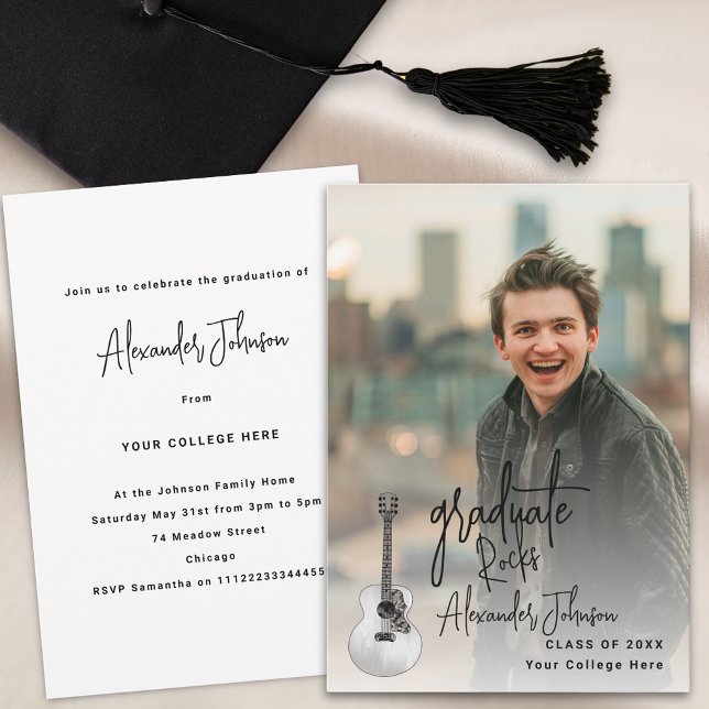 Invitación Partido de Graduación de Foto Vertical de Graduado (Modern vertical photo Graduation announcement party invitation cool trendy script and guitar)