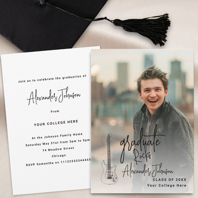 Invitación Partido de Graduación de Foto Vertical de Graduado (Modern trendy vertical photo rock music Graduation party invitation)