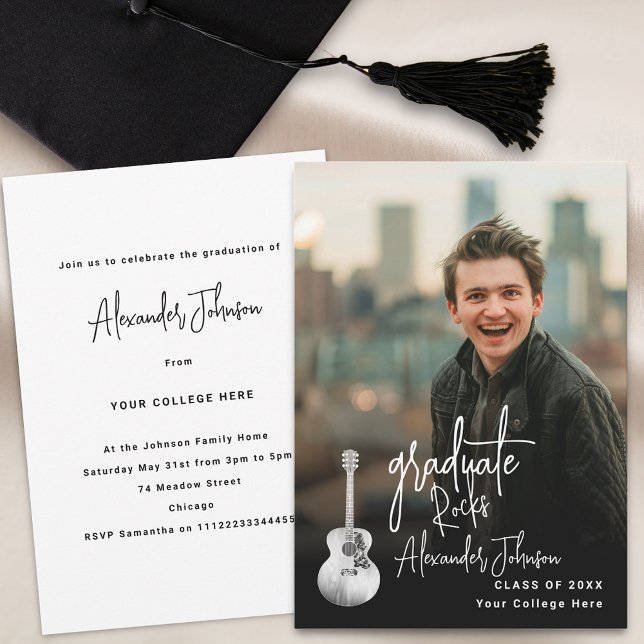 Invitación Partido de Graduación de Foto Vertical de Graduado (Modern trendy vertical photo country music Graduation party invitation)