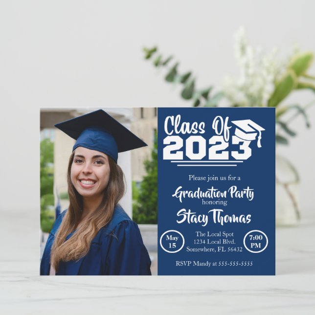 Invitación Partido de Graduación de Fotografía Azul y Blanca (Anverso de pie)