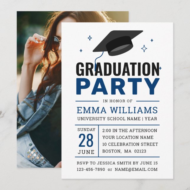 Invitación Partido de Graduación de Fotografía Blanca Azul Ne (Anverso / Reverso)