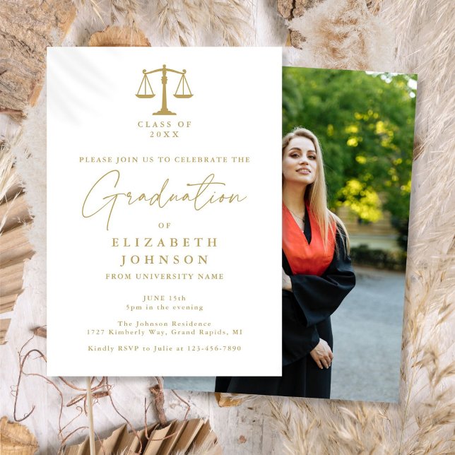 Invitación Partido de Graduación de Fotografía de la Escuela  (Gold Script Law School Photo Graduation Party Invitation)