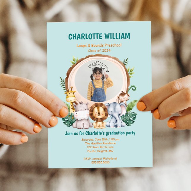 Invitación Partido de Graduación de Fotografía de Niños Anima (Animal Kid Preschool Photo Graduation Party Invitation)