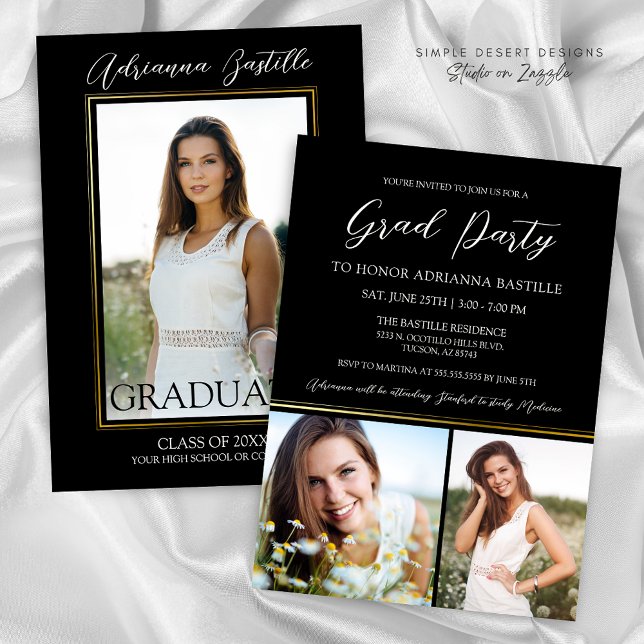 Invitación Partido de Graduación de Fotografía de Oro Moderno (Elegant Black and Gold Modern Signature Graduation Invitation for High School or College Grad Party)
