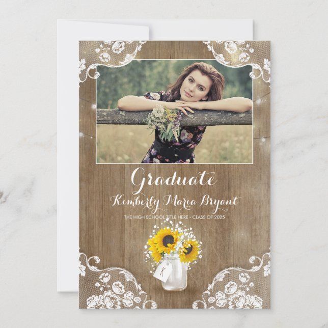 Invitación Partido de Graduación de Fotografía Rustic Sunflow (Anverso)