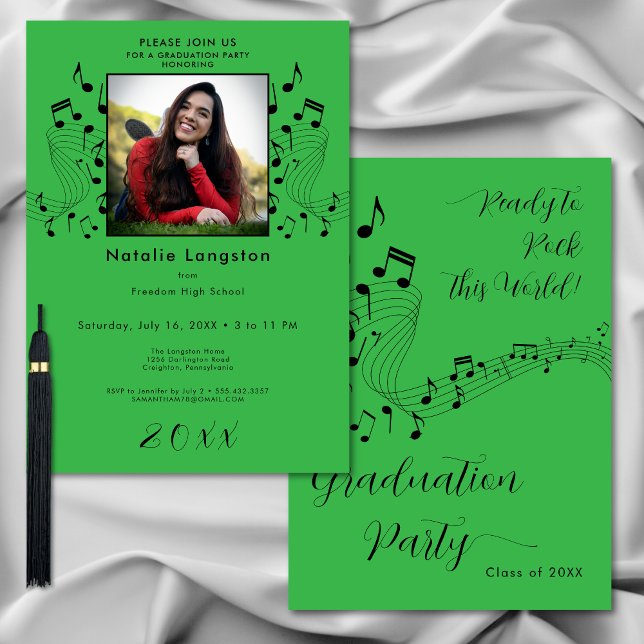 Invitación Partido de Graduación de Fotografía Verde y Negro  (Rock Music Black & Green Photo Graduation Party Invitation)