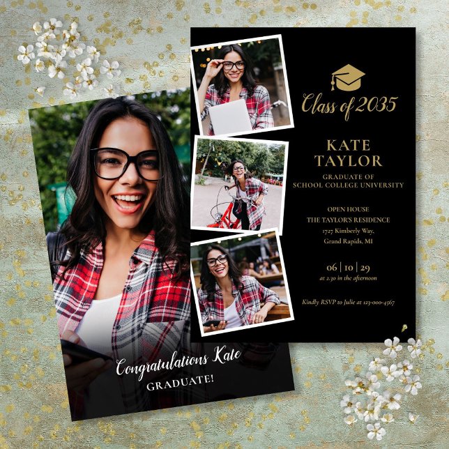 Invitación Partido De Graduación De Fotografías Black And Gol (Black And Gold 4 Photo Graduation Party Invitation)