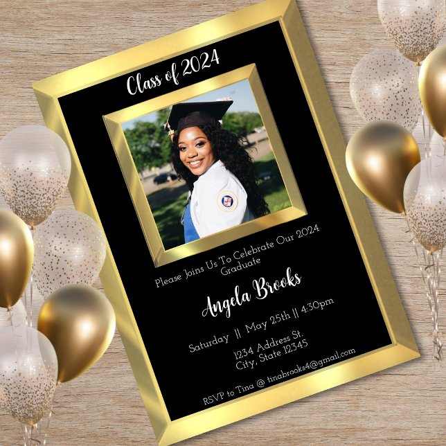 Invitación Partido de Graduación de Fotografías con Doble Neg (Black & Gold Beveled Photo Graduation Party Invitation)