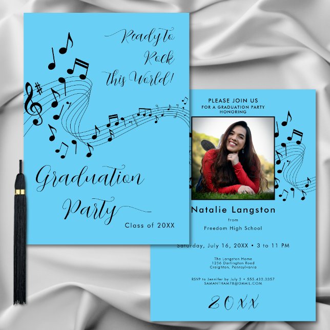 Invitación Partido de Graduación de Fotografías de Rock Black (Rock Music Black & Blue Photo Graduation Party Invitation)