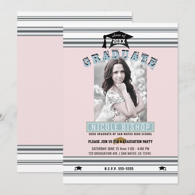 Invitación Partido de Graduación de Fotografías Elegante Rosa (Anverso / Reverso)
