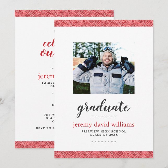 Invitación Partido de Graduación de Fotografías Gris y Rojo M (Anverso / Reverso)